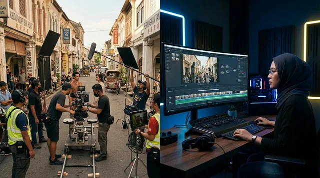 A traditional film crew on a Penang street beside an editor creating the same scene with AI